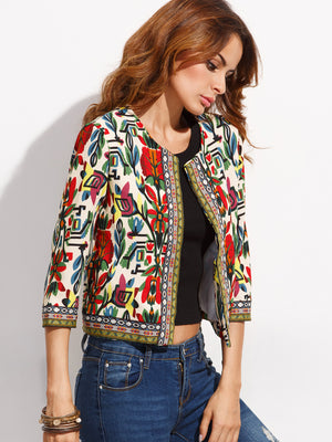 Multicolor Tribal Print Outwear With Embroidered