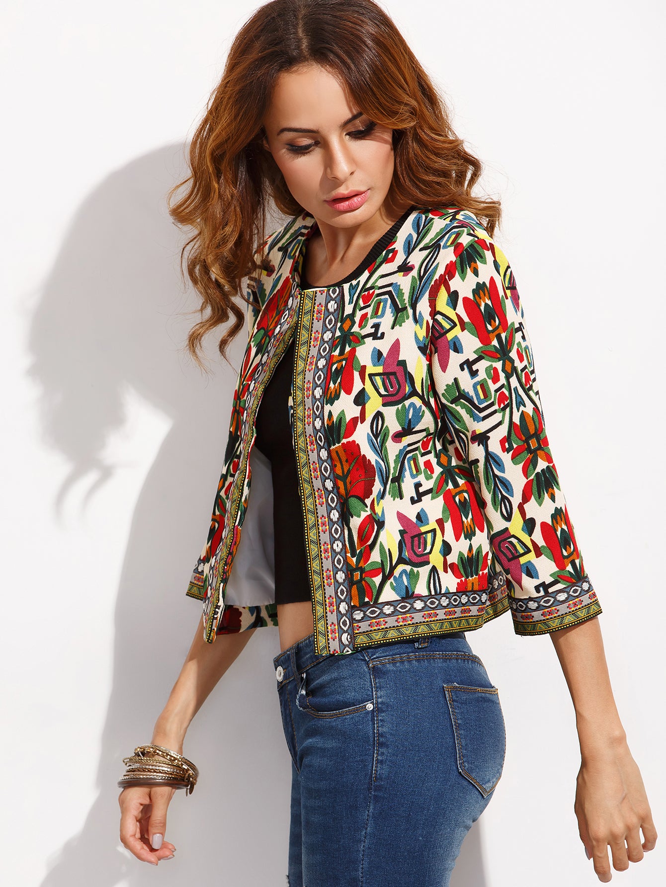 Multicolor Tribal Print Outwear With Embroidered