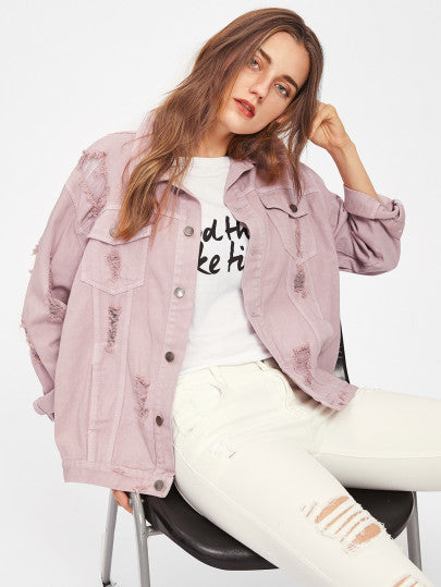 Rips Detail Boyfriend Denim Jacket