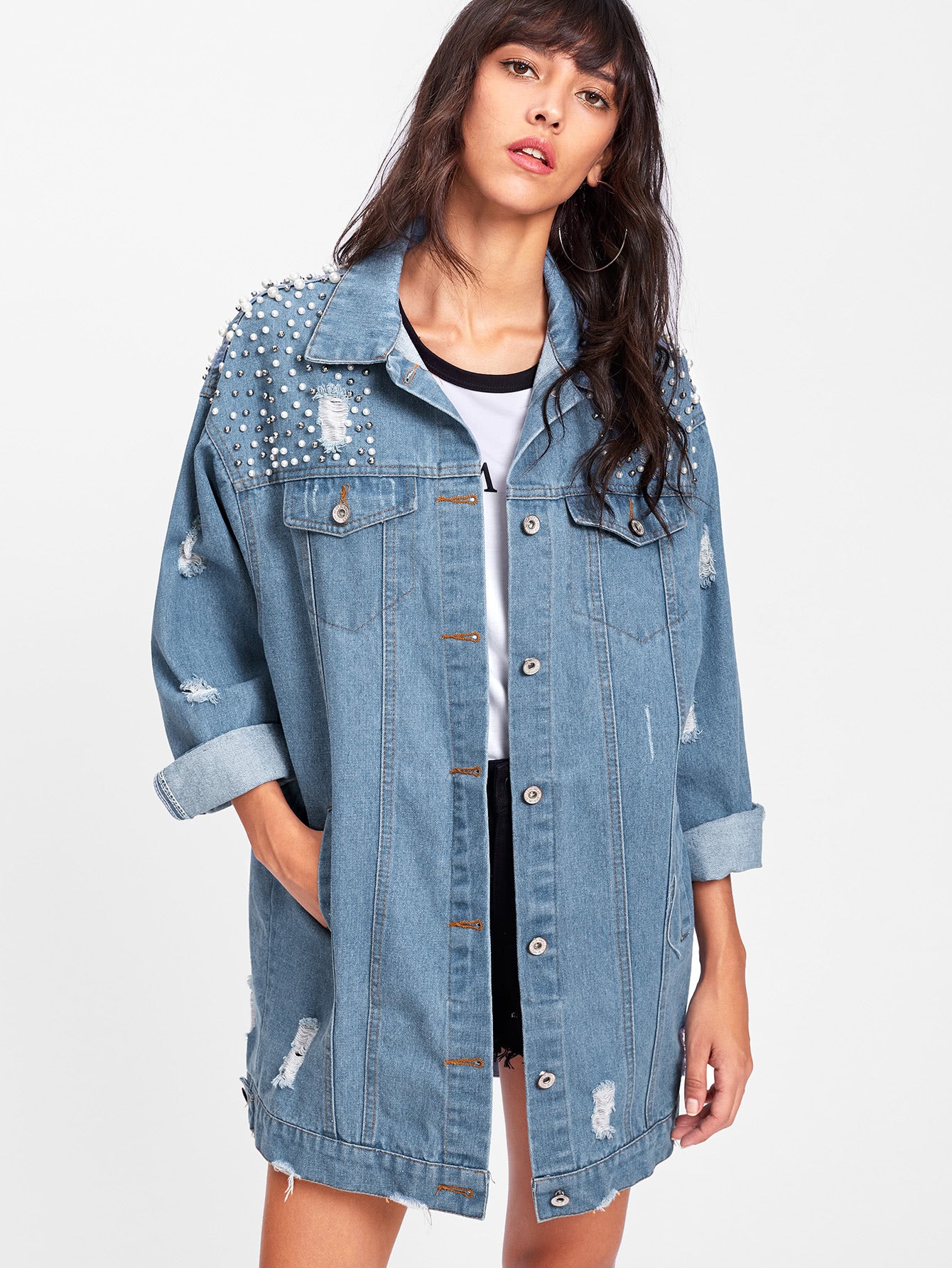 Pearl Beaded Detail Ripped Denim Jacket
