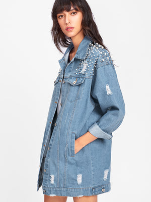 Pearl Beaded Detail Ripped Denim Jacket