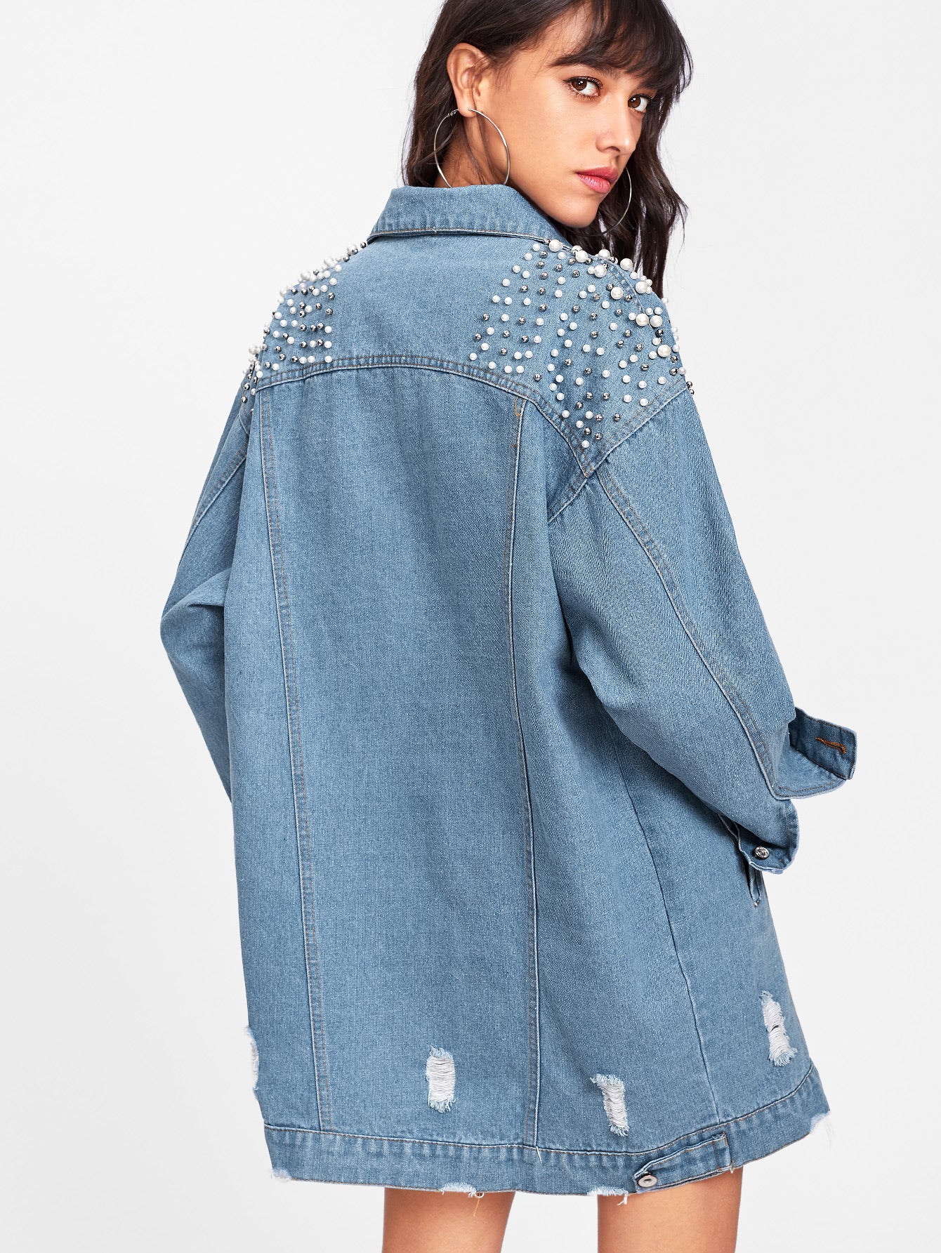 Pearl Beaded Detail Ripped Denim Jacket