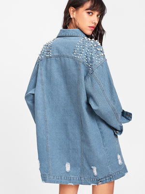 Pearl Beaded Detail Ripped Denim Jacket
