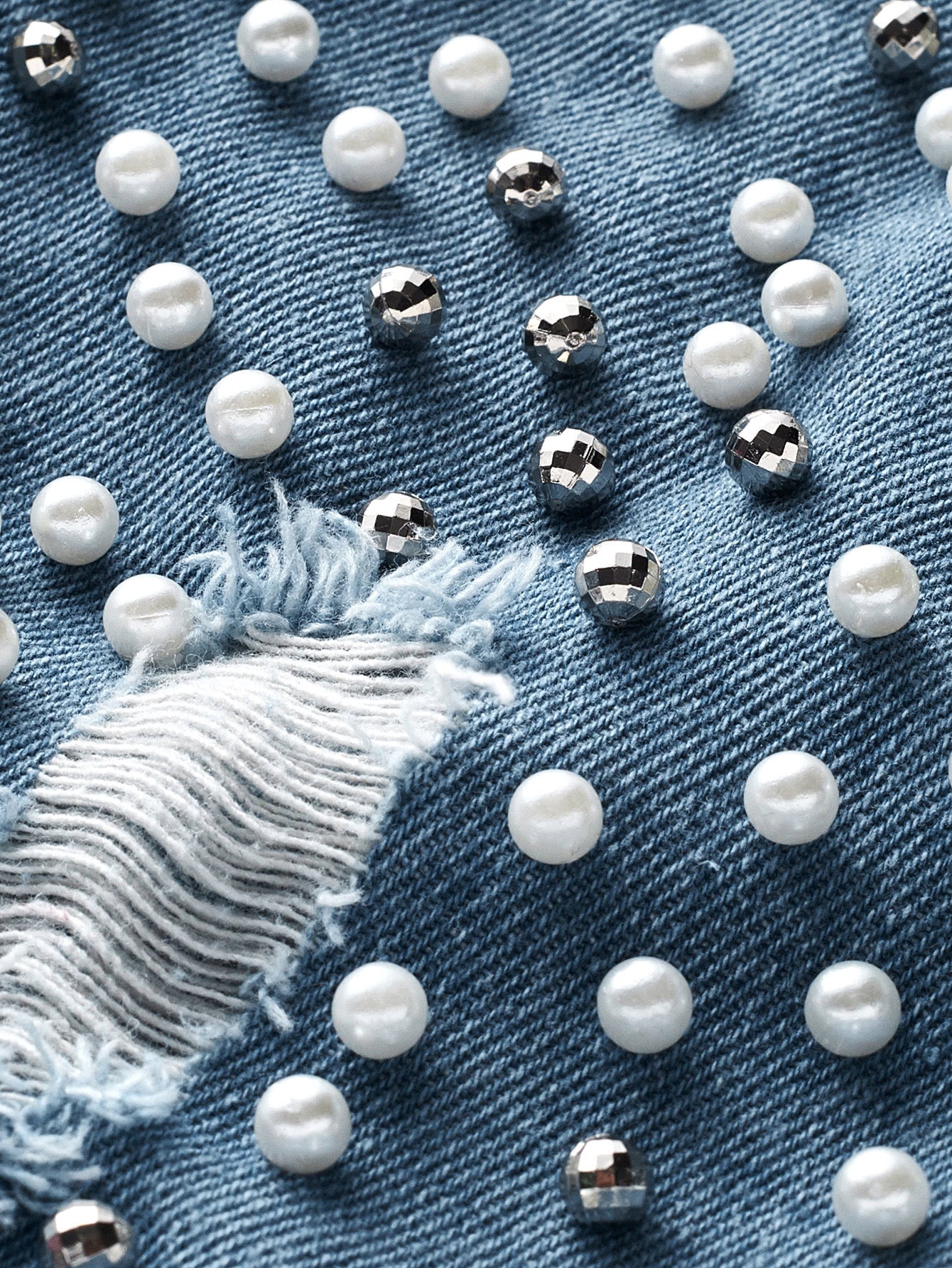 Pearl Beaded Detail Ripped Denim Jacket