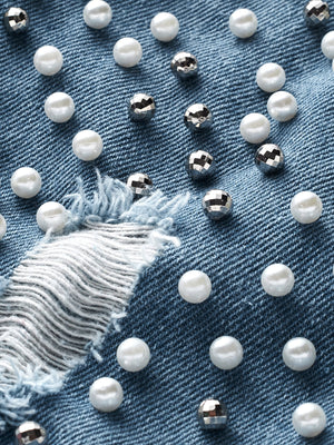 Pearl Beaded Detail Ripped Denim Jacket