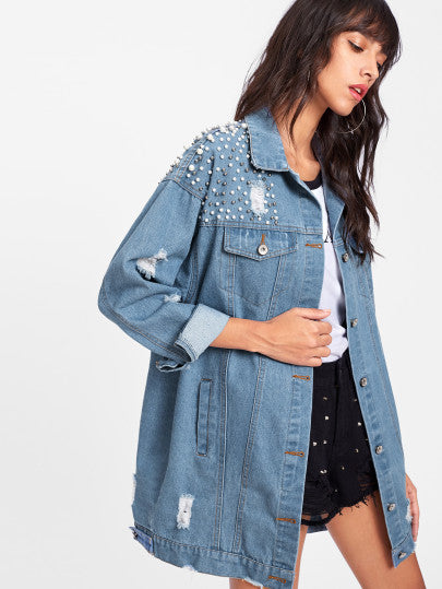 Pearl Beaded Detail Ripped Denim Jacket