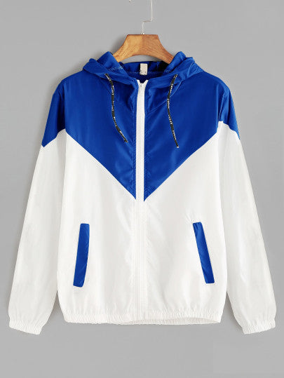 Contrast Drawstring Hooded Zip Up Jacket