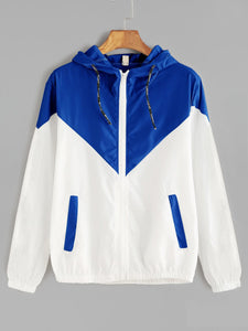 Contrast Drawstring Hooded Zip Up Jacket
