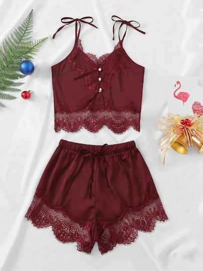 Christmas Contrast Lace Cami Top & Shorts With