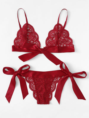 Christmas Scalloped Trim Tie Side Lingerie Set