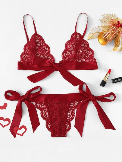 Christmas Scalloped Trim Tie Side Lingerie Set