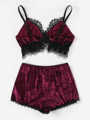 Christmas Lace Trim Split Cami Top & Shorts