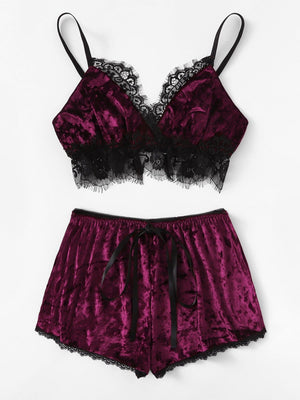 Christmas Lace Trim Split Cami Top & Shorts