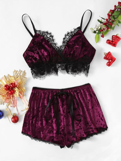 Christmas Lace Trim Split Cami Top & Shorts