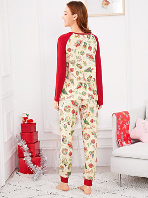 Christmas Cartoon Print Colorblock Pajama Set