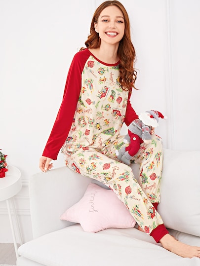 Christmas Cartoon Print Colorblock Pajama Set