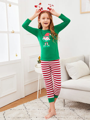 Christmas Kids Cartoon Print Striped Pajama Set