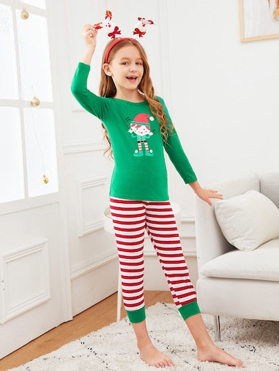 Christmas Kids Cartoon Print Striped Pajama Set