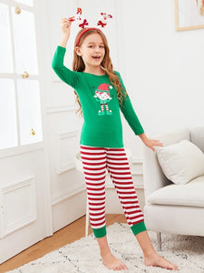 Christmas Kids Cartoon Print Striped Pajama Set