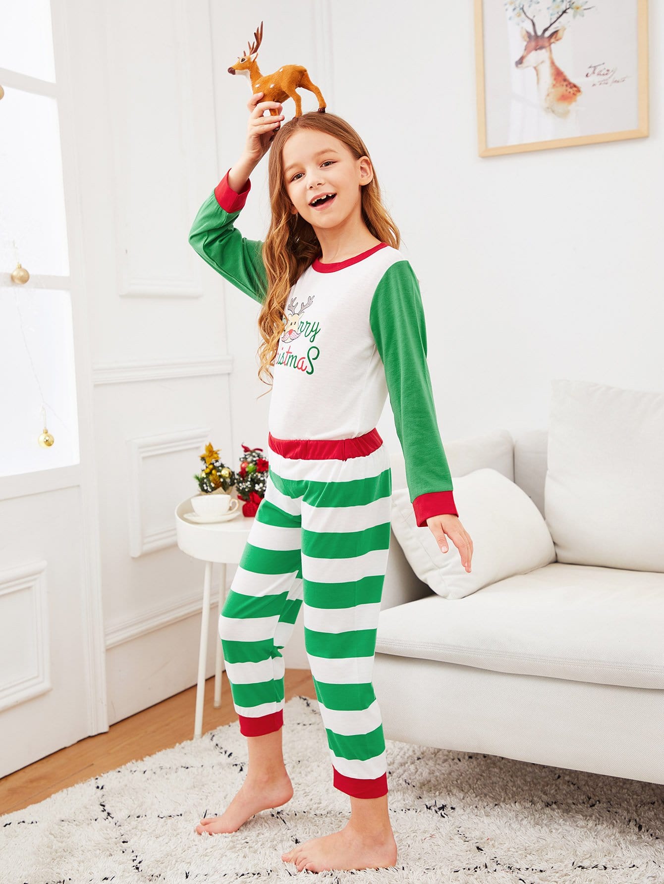 Christmas Kids Deer Print Striped Pajama Set