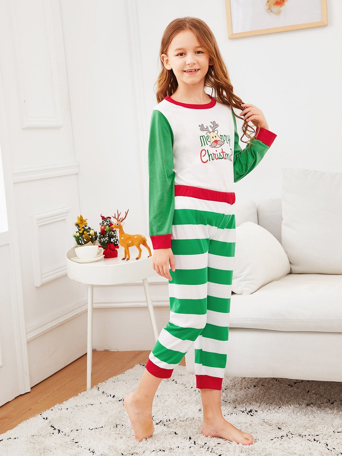 Christmas Kids Deer Print Striped Pajama Set
