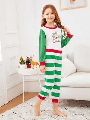 Christmas Kids Deer Print Striped Pajama Set