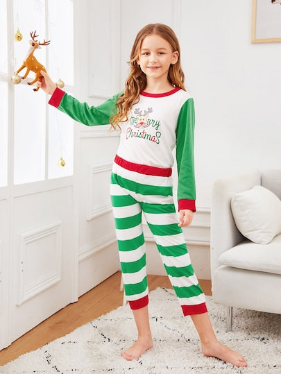 Christmas Kids Deer Print Striped Pajama Set
