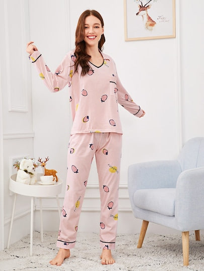 Christmas Strawberry Print Striped Pajama Set