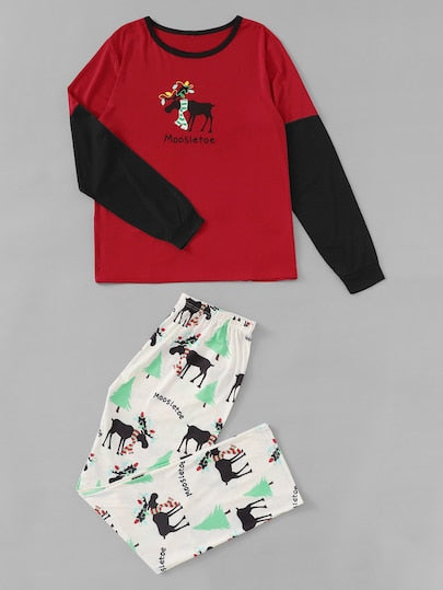Christmas Men Deer Print Colorblock Pajama Set