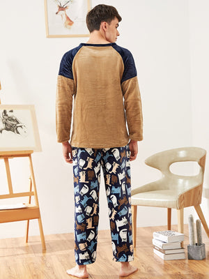 Christmas Men Cat Embroidered Plush Pajama Set