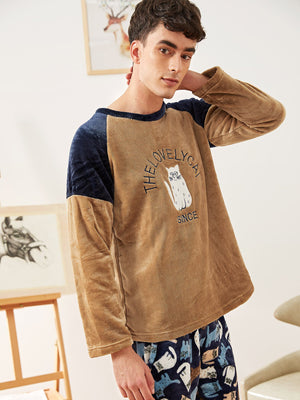 Christmas Men Cat Embroidered Plush Pajama Set
