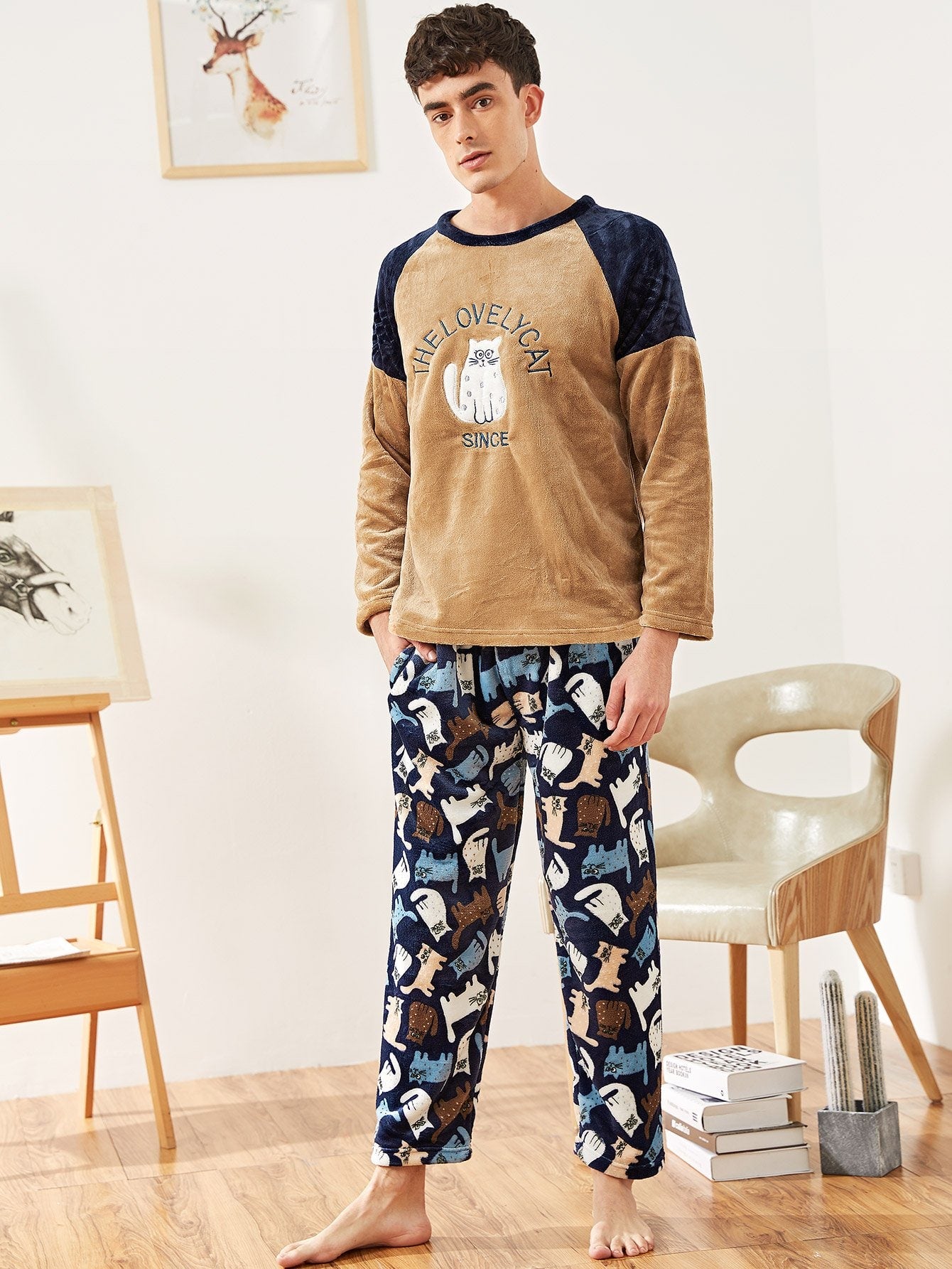 Christmas Men Cat Embroidered Plush Pajama Set