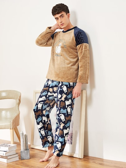 Christmas Men Cat Embroidered Plush Pajama Set