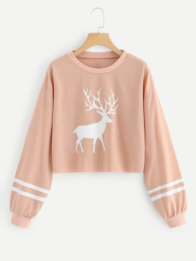 Christmas Print Varsity Striped Crop Sweatshirt