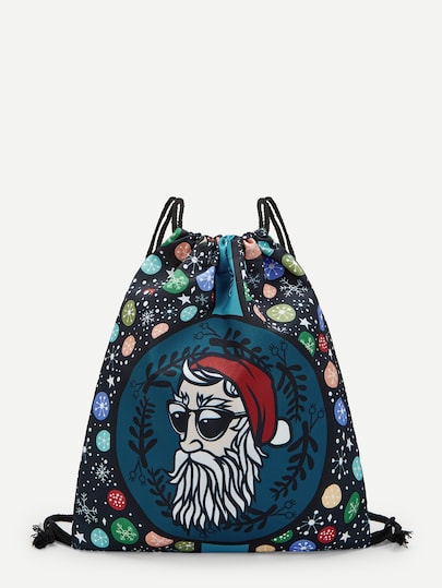 Christmas Cartoon And Snowflake Print Drawstring