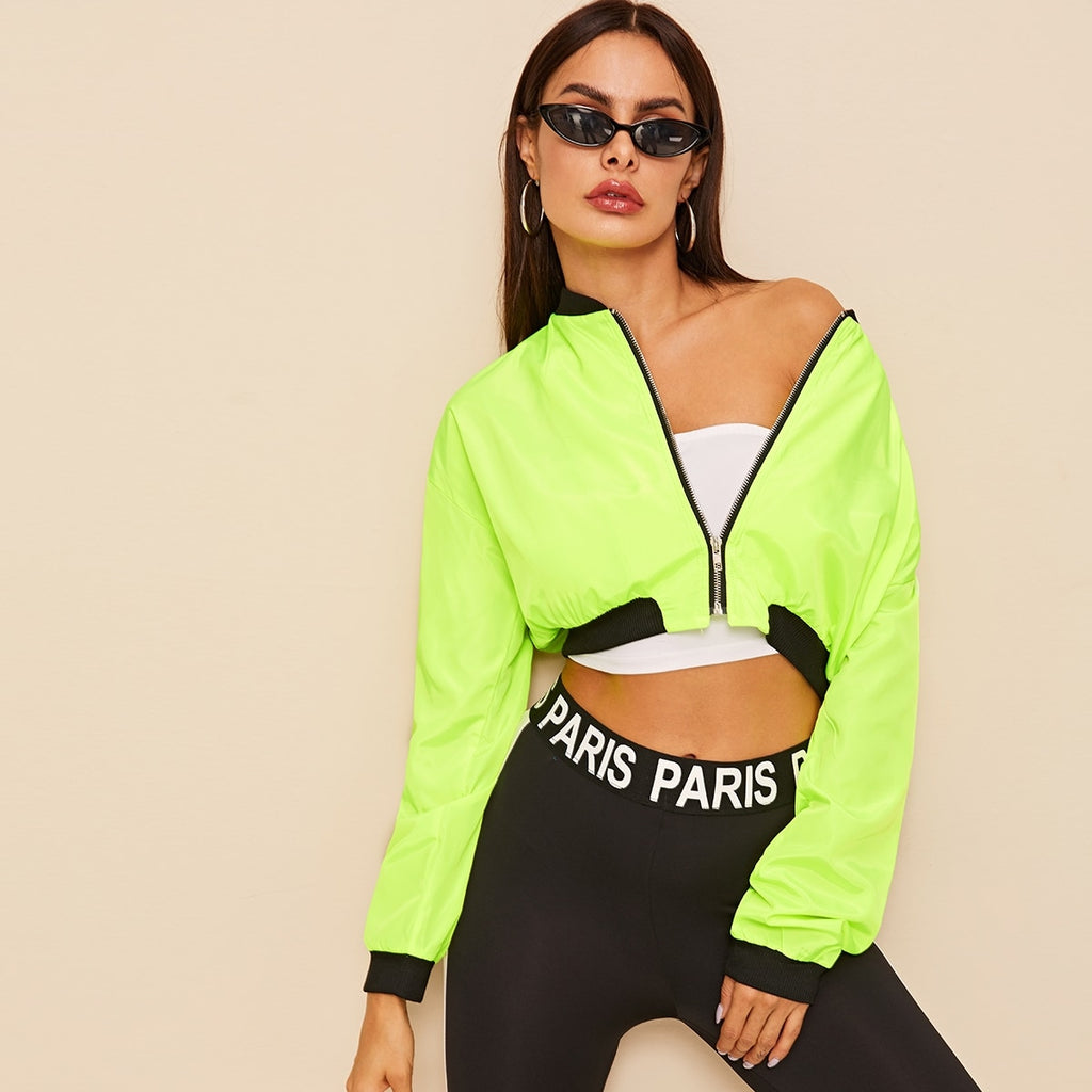 Neon Green Zip Through Crop Bomber Jacket