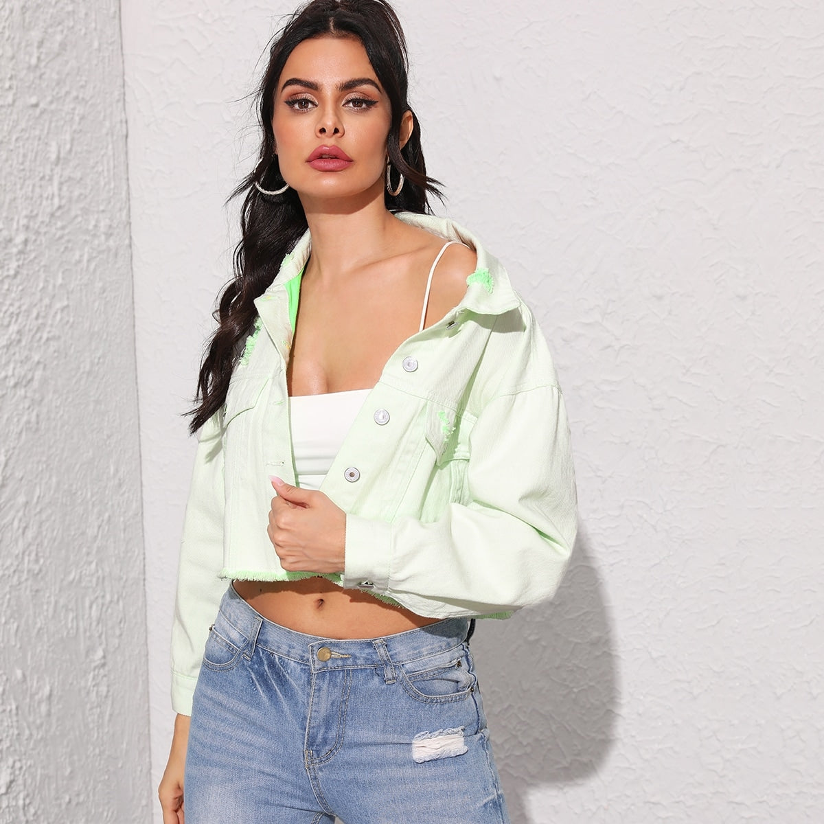 Neon Raw Hem Crop Ripped Denim Jacket