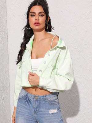 Neon Raw Hem Crop Ripped Denim Jacket