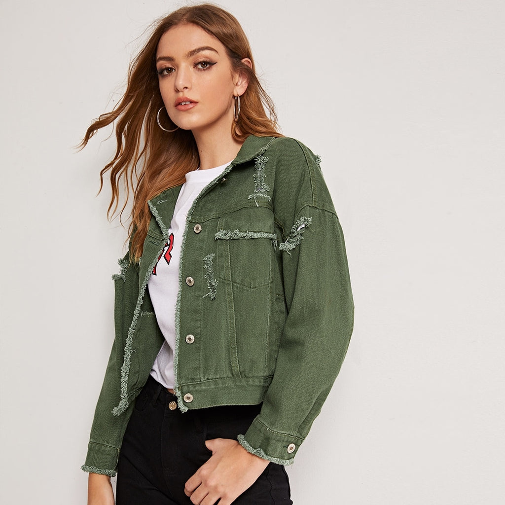 Drop Shoulder Frayed Hem Denim Jacket