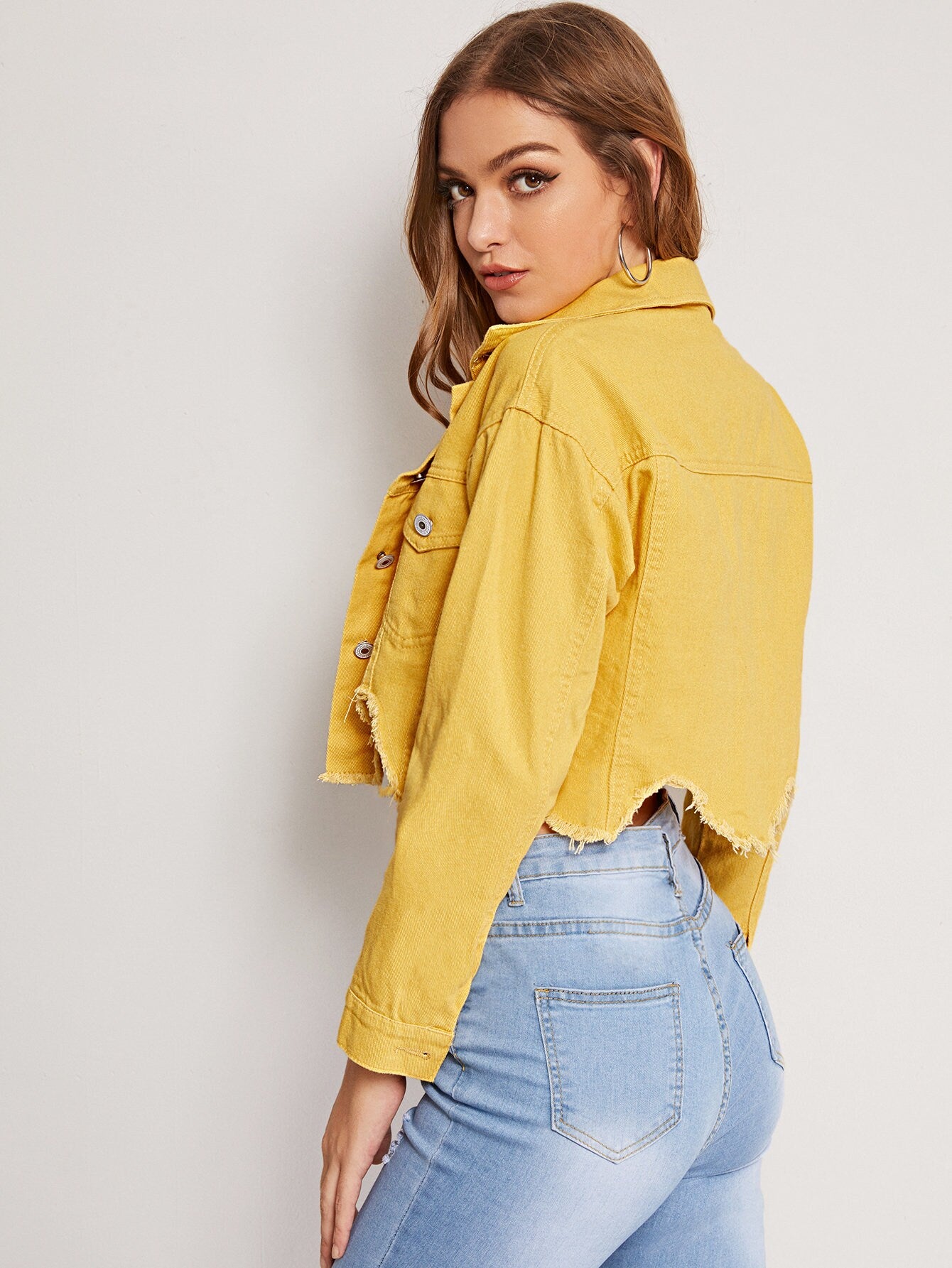 Yellow Wash Asymmetrical Raw Hem Denim Jacket