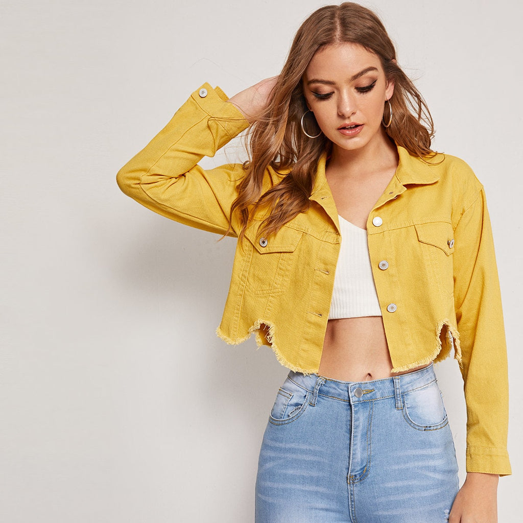 Yellow Wash Asymmetrical Raw Hem Denim Jacket