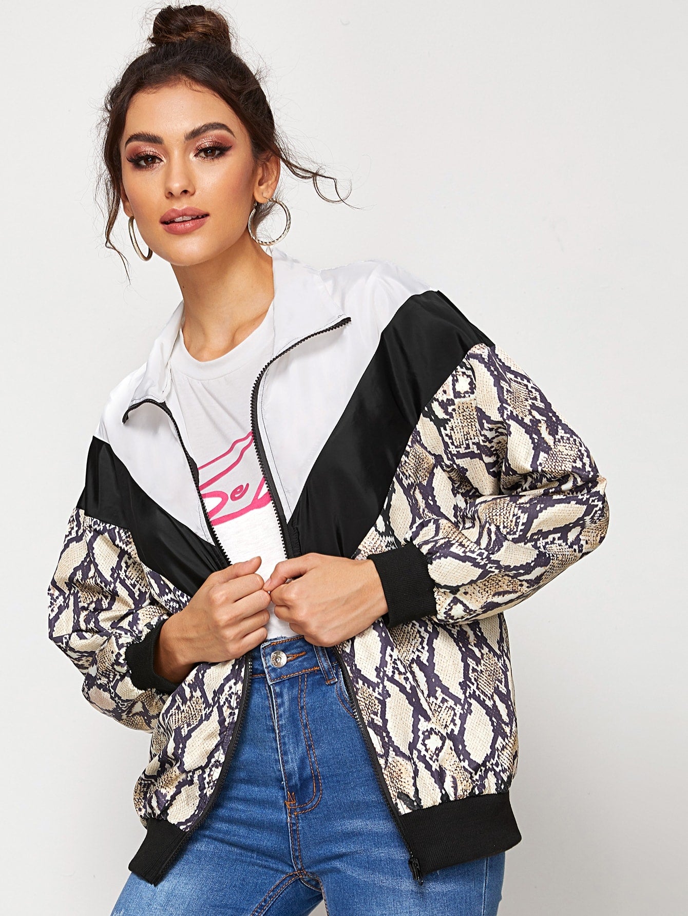 Cut And Sew Snakeskin Print Windbreaker Jacket