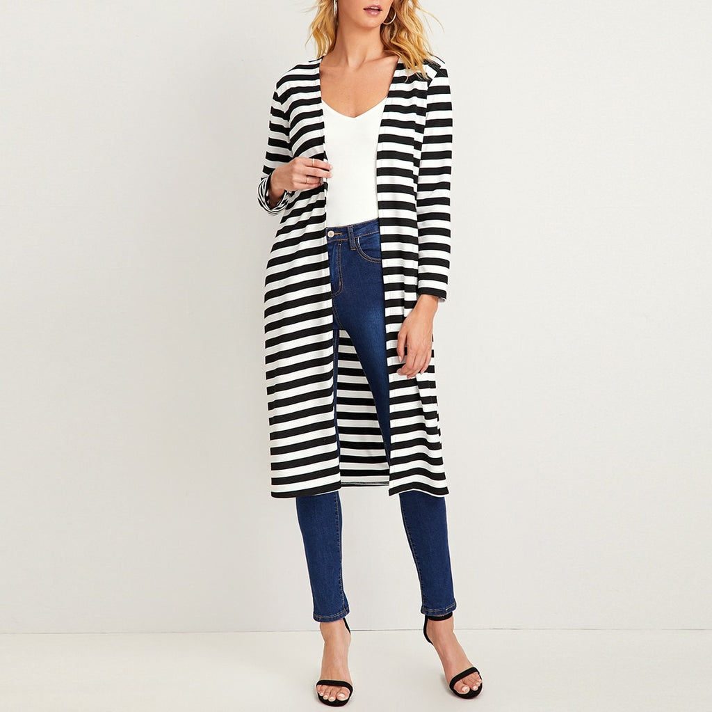 Black And White Striped Longline Cardigan