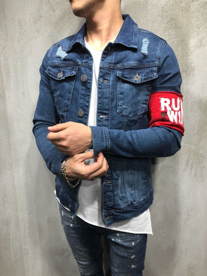 Red Armband Streetwear Denim Jacket 3787