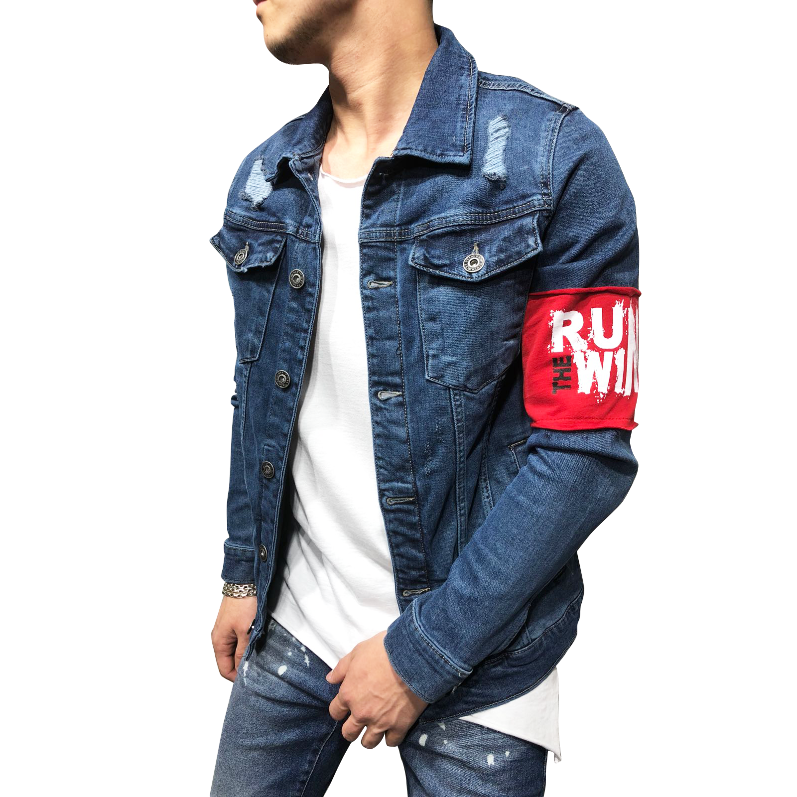 Red Armband Streetwear Denim Jacket 3787