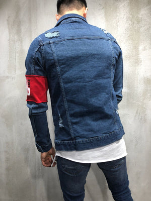 Red Armband Streetwear Denim Jacket 3787