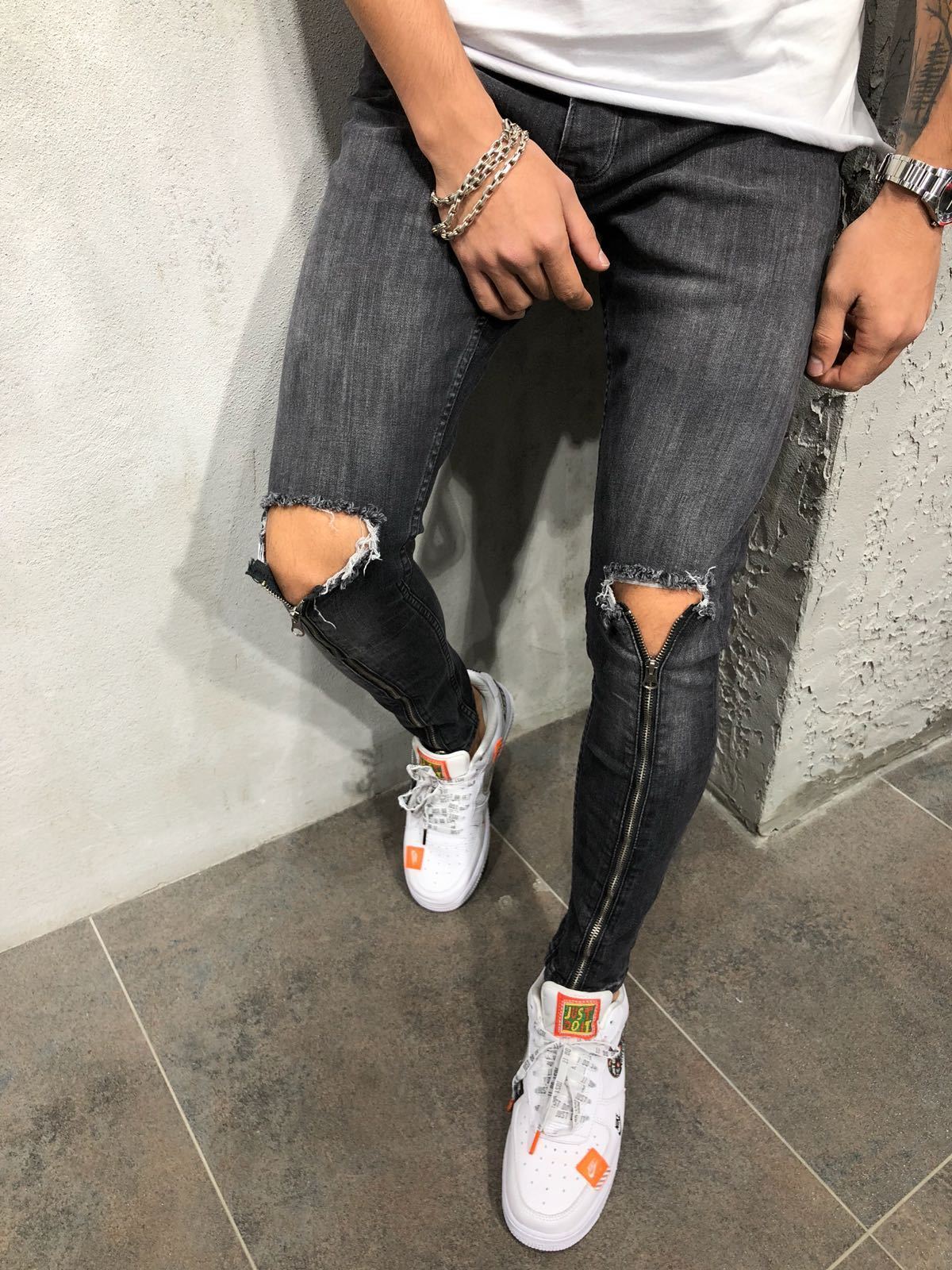 Black Skinny Zipper Detail Jeans 3962
