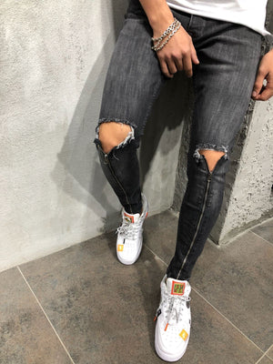 Black Skinny Zipper Detail Jeans 3962