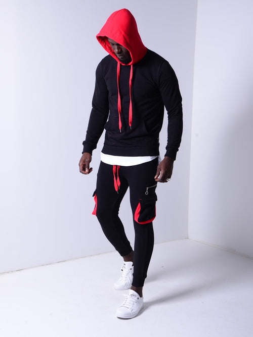 Black Hooded Tracksuit Cargo Pockets 4169