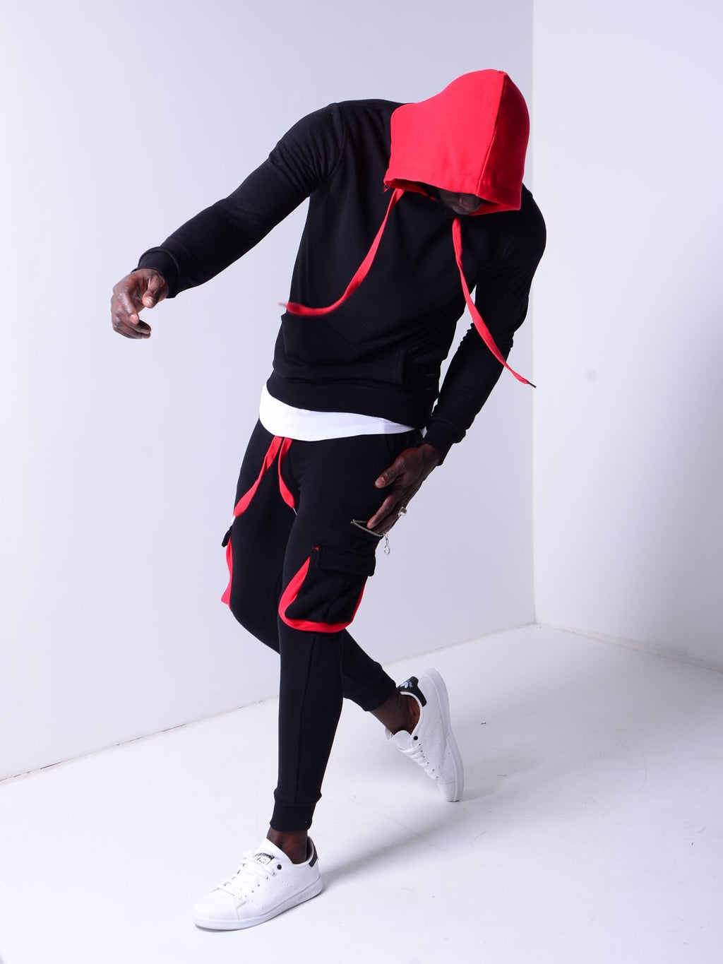Black Hooded Tracksuit Cargo Pockets 4169